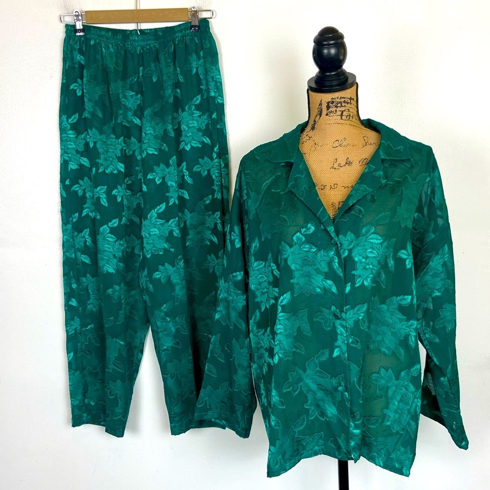 Victoria's Secret Gold Label Sheer Pajama Set Sz S‎ Emerald Green Jacquard Retro